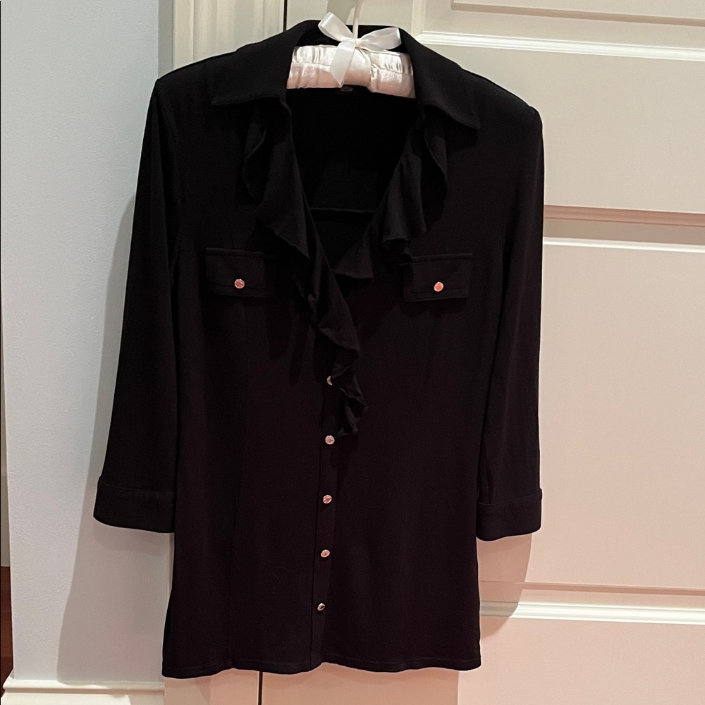 WHBM Knit Ruffled Button Front 3/4 Sleeve Blouse XS
